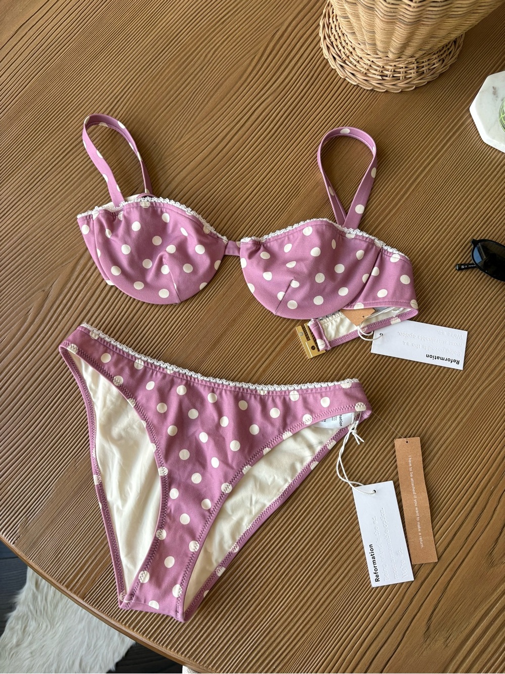 NWT Reformation Women's Pink Polka Dot Bikini Set $70 top $70 bottoms